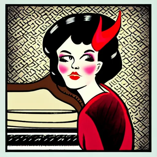 Image similar to vintage beautiful woman, wearing devil horns and sitting in an piano, retro cartoon