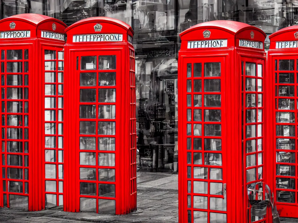 Image similar to highly detailed, intricate stunning image of a shop full of british red telephone boxes, stunning atmosphere, high octane, cinematic lighting