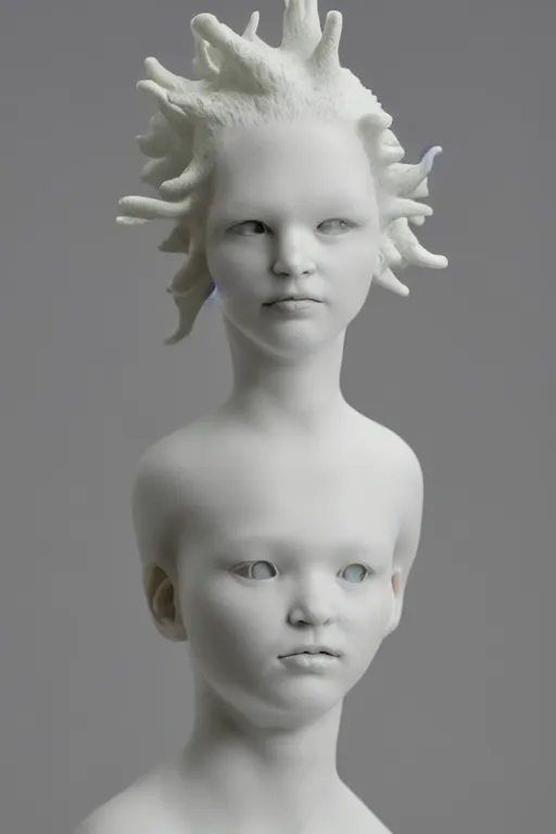Image similar to full head and shoulders, beautiful female porcelain sculpture mixed with an axolotls, by daniel arsham and raoul marks, smooth, all white features on a white background, delicate facial features, white eyes, white lashes, detailed white 3 d lizards on the head