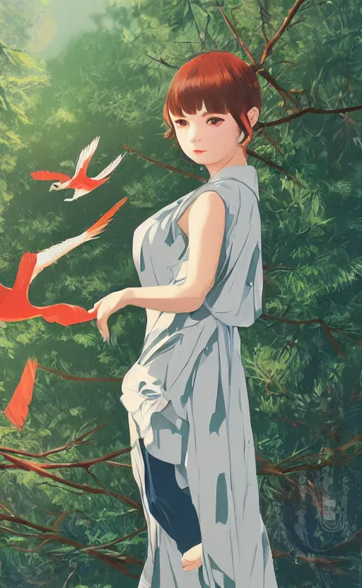 Image similar to by kuvshinov ilya, artstation, concept art, girl next to a japanese crane bird in japanese pines, trading card front, kimono, realistic anatomy, sun in the background