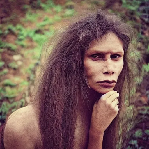 Prompt: “very primitive Neanderthal woman posing as a model”