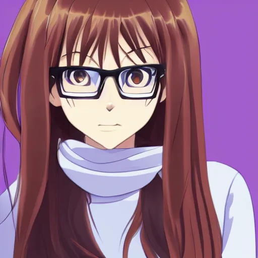 Prompt: professional drawing of an anime girl with long brown hair and glasses looking towards the camera slightly over her shoulder, cel-shaded, anime art style, trending on artstation