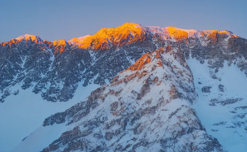 Image similar to professional photo of a snow topped mountain lit by the sunset