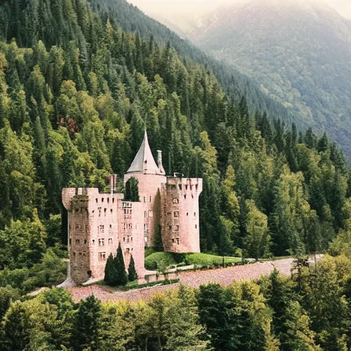 Image similar to a medieval castle on a mountainside, forested, style by wes anderson