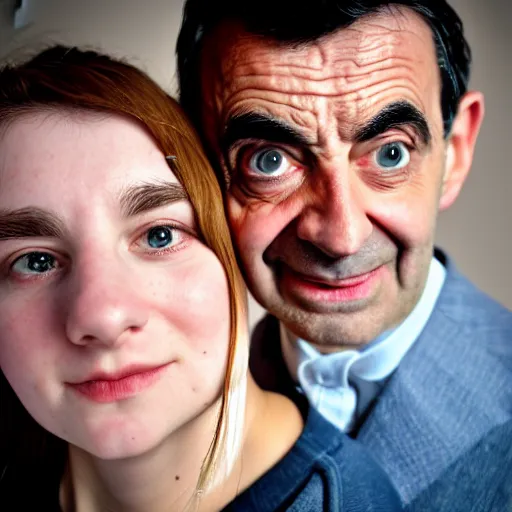 Image similar to A portrait mr bean elizabeth teams up with a teenage mr bean, perfect faces, 50 mm, award winning photography