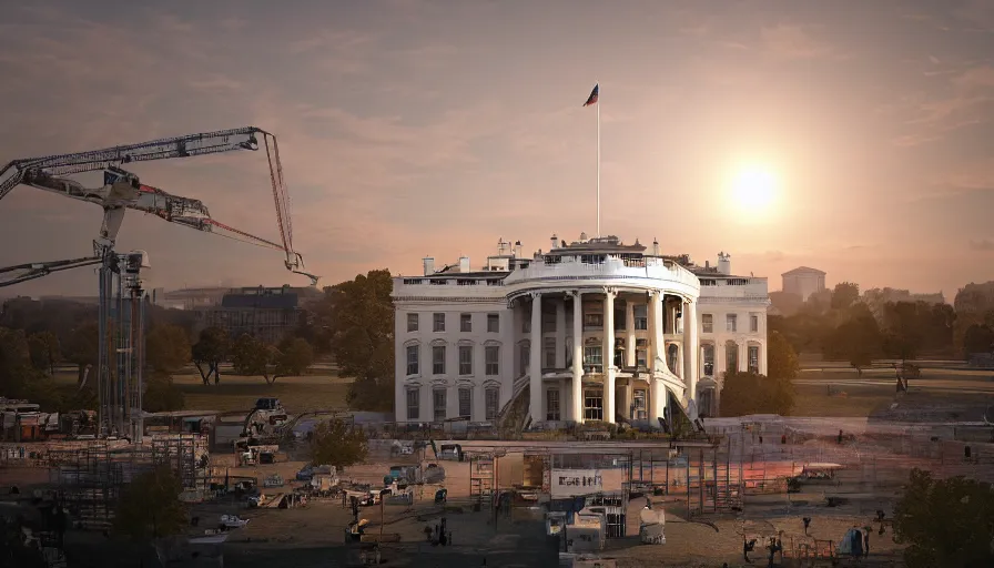 Image similar to people rebuilding white house in washington dc, scaffolding, sunset, volumetric light, hyperdetailed, artstation, cgsociety, 8 k