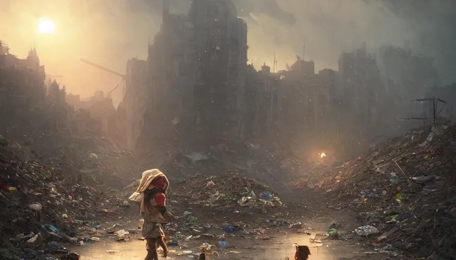 Image similar to poor detailed child with backpack looking for food at garbage dump, city is pure wasteland, moody sunset in background, greg rutkowski, alphonse mucha, trending on artstation, artgerm, unreal engine, breathtaking, award winning, highly detailed