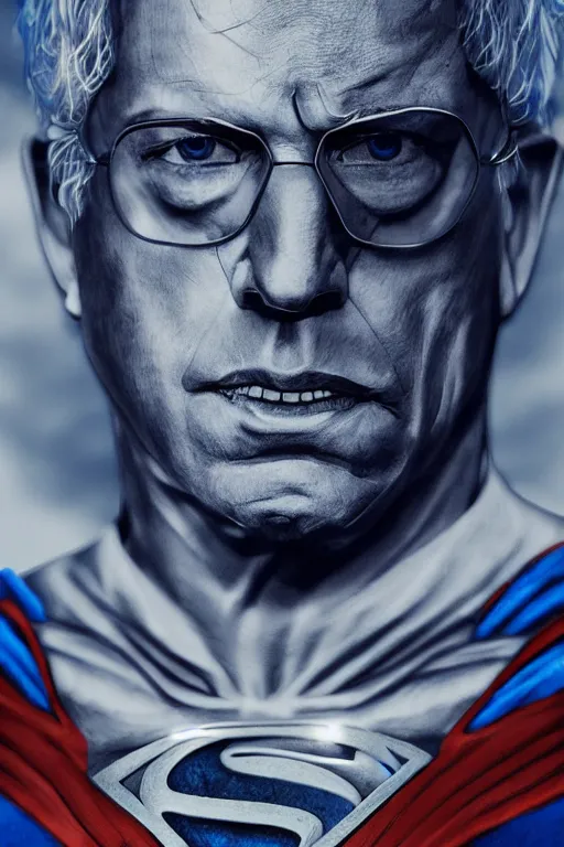 Image similar to realistic detailed photo of Bernie Sanders as man of steel, superman blue eyes, woven armour intricate complexity, Behance, golden ratio, fibanci background, vray, rich deep colors