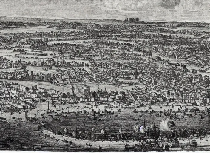 Prompt: detail from Hollar’s Panoramic view of Melbourne, 1647