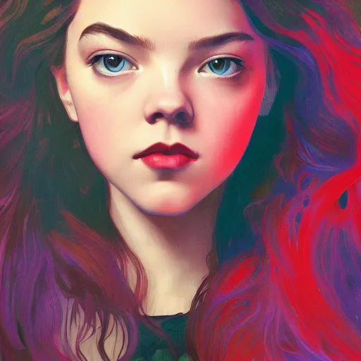 Image similar to portrait of anya taylor-joy, 8k, rich vivid colors, cinematic lighting, illustration, french noveau, alphonse mucha, artstation