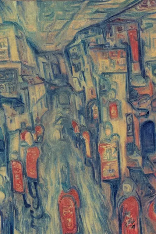 Image similar to extreme anxiety in kowloon walled city, oil painting by edvard munch