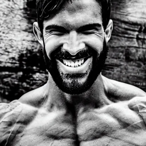 Prompt: black and white photography of a very muscular man smiling with a chiseled jawline and trimmed beard