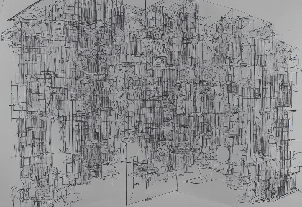 Prompt: An artwork made from layers of technical drawings and architectural plans