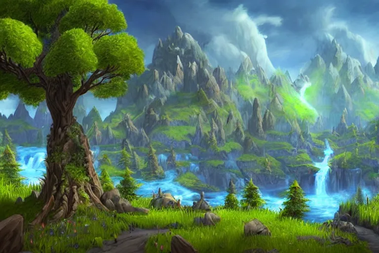 Image similar to world of warcraft environment with trees and a huge stage in the center and birds flying, rocky mountains and a river, beautiful, concept