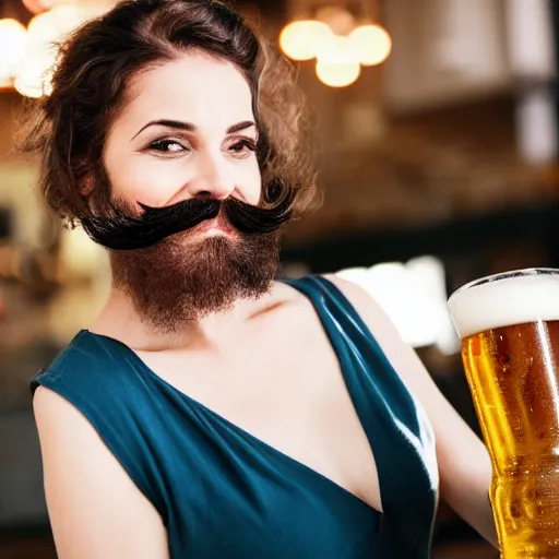 Image similar to a photo of a woman with a beard and moustache. she is smiling and drinking a big german beer.