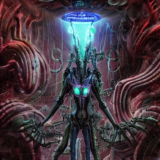 Prompt: highly evolved biomechanical phyrexian dreadnought plus borg queen hybrid being possessed by the machine spirit artists tram pararam and doctor seuss with beryl cook and hr giger neon high contrast cinematic light, mystical shadows, sharp focus, octane render