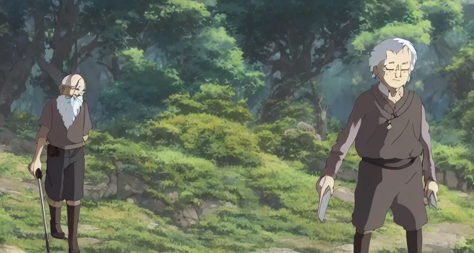 Prompt: anime grandpa on a fantasy adventure in the anime film by studio ghibli, armor, screenshot from the film by makoto shinkai