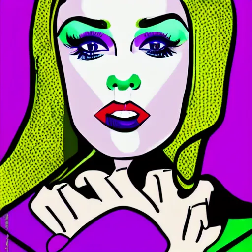 Prompt: pop art, blonde girl, green lips, purple eyes