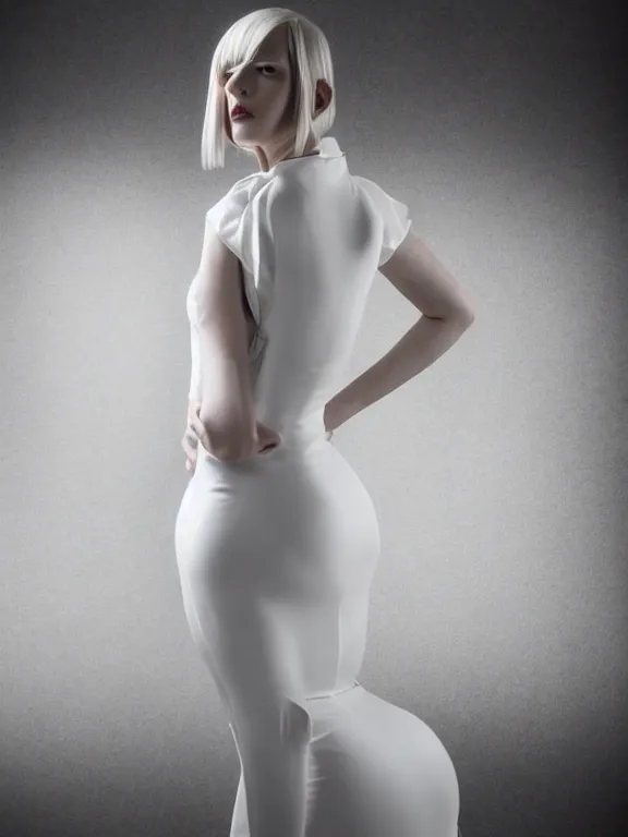 Image similar to studio photo of gorgeous seductive tall emily skinner cosplaying annie leonhart wearing tight white dress, beautiful face, pale skin, rule of thirds, cinematic lighting, sharp focus, backlit, stunning, smooth, hard focus, full body shot