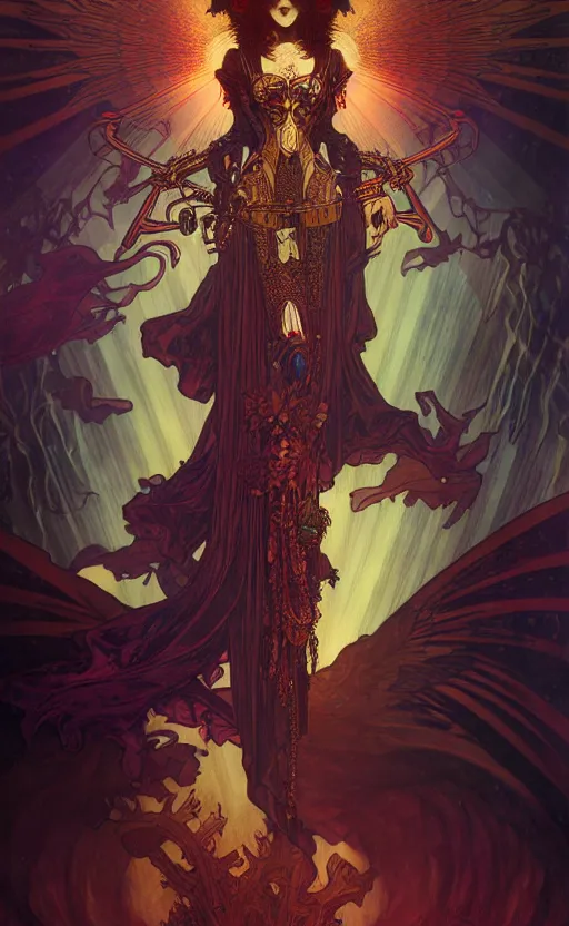 Prompt: the dark angel of death, intricate details, cinematic lighting, volumetric lighting, by mohrbacher and alphonse mucha, rich colors, post - processing