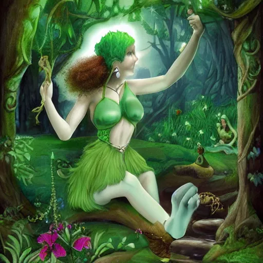 Prompt: a green genie ready to grant wishes deep in the forest, fantasy illustration