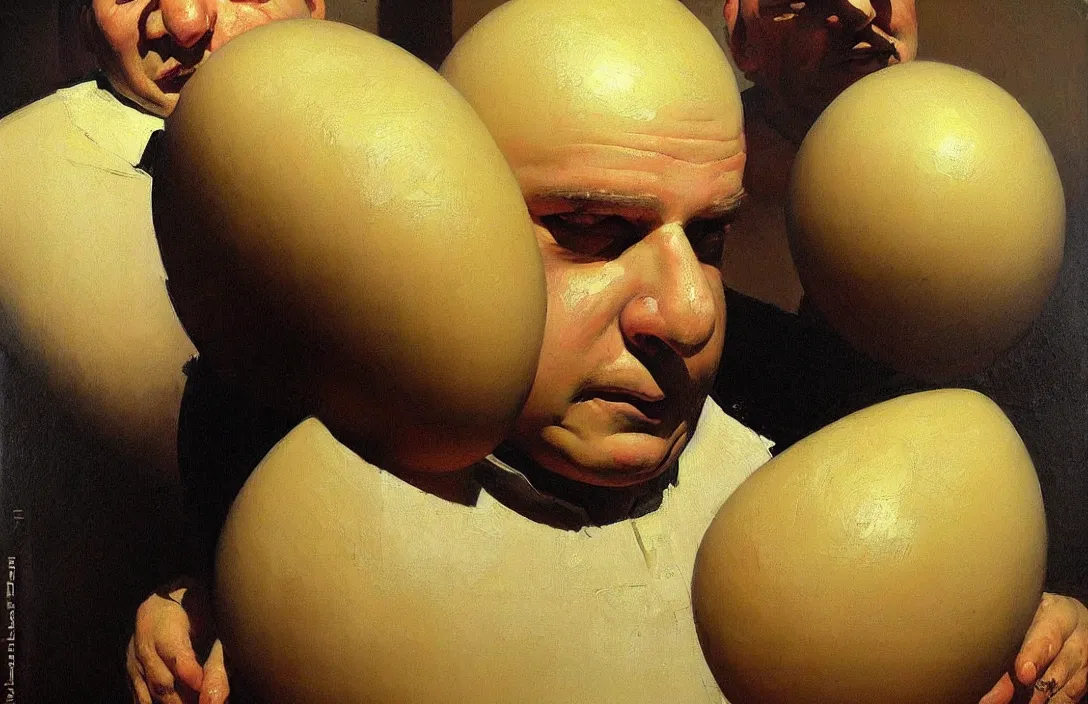 Image similar to portrait of humpty dumpty!!!!!!!!!!!!!!!!!!!!!!!!!!!, detailed face, detailed painting,, epic lighting, by ilya repin, phil hale and kent williams