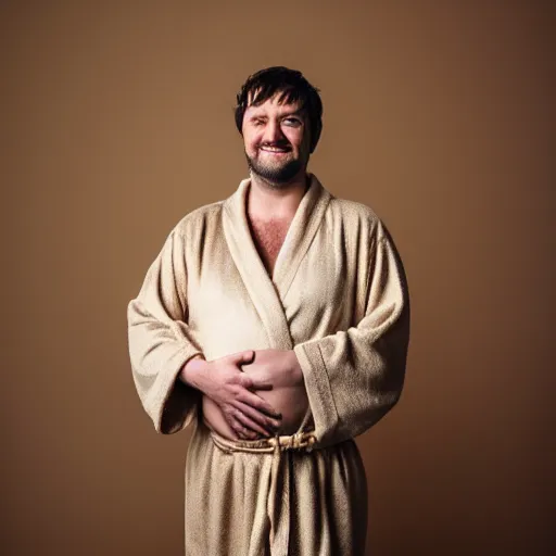 Image similar to richard iv the roman king, excited real human wearing beige bathrobe, soft studio lighting, sigma lens photo, he is dancing and has pregnancy belly