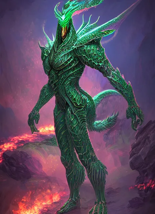 Image similar to muscular and tall green ghostly fire humanoid dragon!!!! draconian!! intricate ornate iridescent heavy armor!! character concept art, sharp focus, octane render! unreal engine 5! highly rendered!! trending on artstation!! detailed linework!! illustration by artgerm, wlop, and chie yoshii