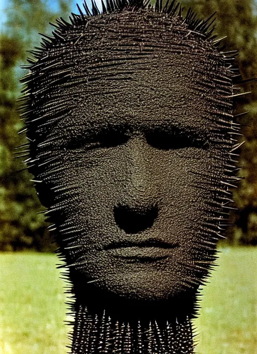 Prompt: realistic photo of a full - height model of human head made of black rubber realistic made of black clay, covered in very very long hay spikes needles, center straight composition, 2 0 0 0, life magazine photo, museum archival photo