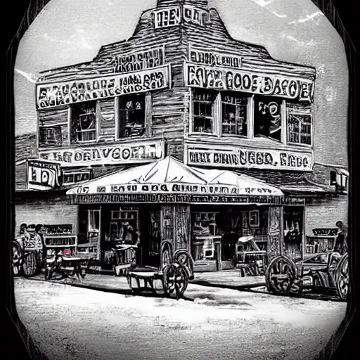 Prompt: the blue goose tavern. a big and famous roadside tavern. delicious fried pudding with sweet liquor is served here. fantasy art, high details