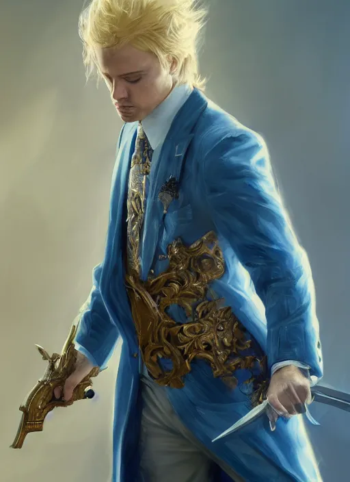 Prompt: portrait of a man in a blue suit with blond hair holding a sword and pistol in holster, fantasy, d & d, heartstone, digital painting, volumetric light, intricate, sharp, focus, bloom, illustration, highly detailed, concept art, matte, ruan jia, randy vargas, greg rutkowski