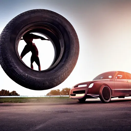 Image similar to car jump, bodybuilder, woman, holding, photo, digital art, hands, underbody, tire, throw,