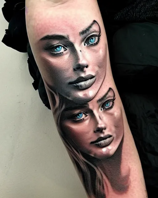 Image similar to creative double exposure effect tattoo design sketch of margot robbie face blended with beautiful mountain scenery, realism tattoo, in the style of matteo pasqualin, amazing detail, sharp