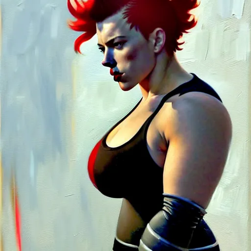 Image similar to greg manchess portrait of scarlett johansson as thick very muscular gothic weightlifter zarya from overwatch with short red hair and black lipstick, fantasy medium shot, asymmetrical, profile picture, organic painting, sunny day, matte painting, bold shapes, hard edges, street art, trending on artstation, by huang guangjian and gil elvgren and sachin teng