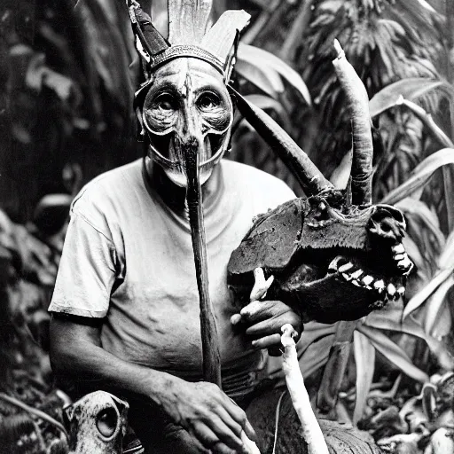 Image similar to a black and white old wet - plate photograph of a tribal elder with a bone in his nose and a scary mask and a pet dragon sitting on his shoulder in the jungle of congo during colonial times, holding a modern digital slr camera in his hand and taking a photo