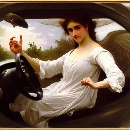 Prompt: an oil painting of an angel driving a car in a drive through, one hand on the steering wheel, exterior view, by Bouguereau, highly realistic and intricate