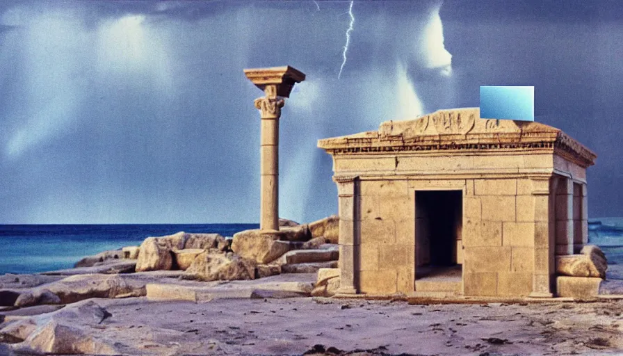 Image similar to A 1985 vintage magazine architecture photo of a beach doric temple, mediterranean architecture, refracted lines and sparkles, thunderstorm outside, beach on the background major arcana sky and occult symbols, hyperrealistic, award-winning, 1985