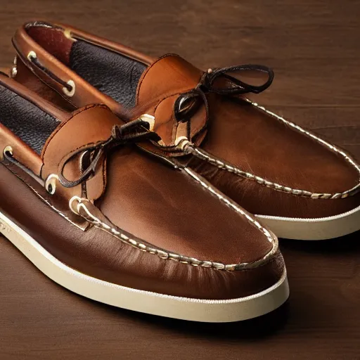 Image similar to sperry brown leather moccasins with extra long toe points, photorealistic