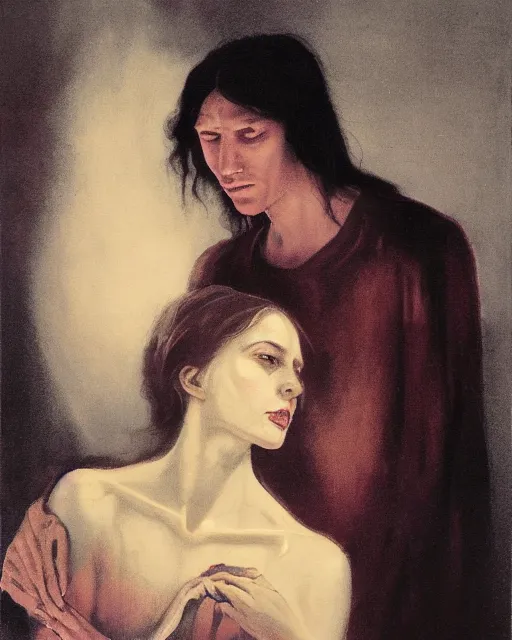 Image similar to a beautiful and eerie baroque painting of a brother and sister who are beautiful but creepy, wearing pale linen, with haunted eyes and dark hair, 1 9 7 0 s, seventies, wallpaper, a little blood, morning light showing injuries, delicate embellishments, painterly, offset printing technique, by brom, robert henri, walter popp