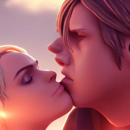 Image similar to Annie Leonhart kissing Anakin Skywalker, detailed face, love, bokeh effect, lesbian kiss, octane render, 8k wallpaper, love aesthetic