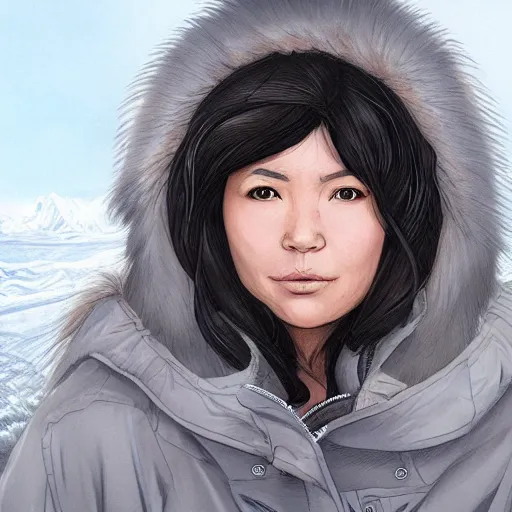 Prompt: portrait of emma an inuit in her 3 0 s with dark hair and chubby cheeks dressed in a winter parka, detailed face, smooth, sharp focus, graphic novel, art by artgerm and greg rutkowski and pepe larraz,