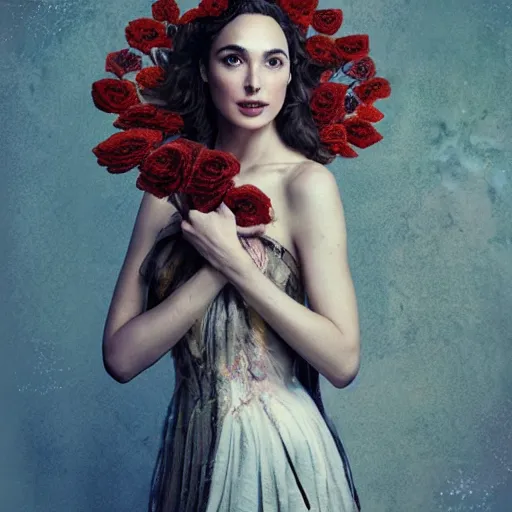 Image similar to full body fine art photo of the beauty gal gadot, she has a crown and a dress made of dried roses done by oleg oprisco