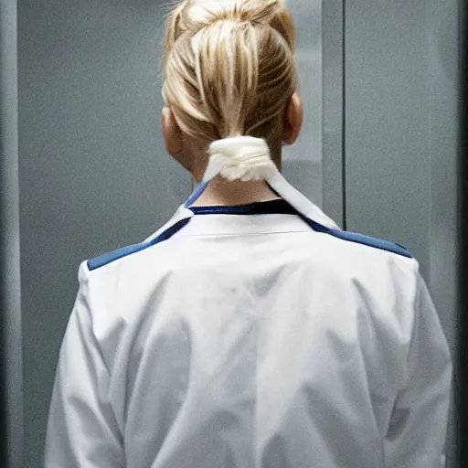 Prompt: profile of cute female nurse, blond hair. ponytail, white coat, in an elevator, gregory crewdson