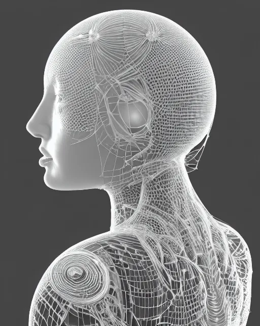 Image similar to mythical dreamy black and white organic translucent bio-mechanical spinal ribbed profile face portrait detail of mechanical beautiful female angelic-snowy-cyborg, highly detailed, intricate crystal jelly steampunk ornate, poetic, 3D render, digital art, octane render, 8K artistic photography, photo-realistic, by Dora Maar