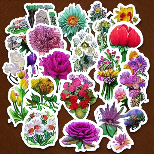 Prompt: “sticker sheet of various shaped flowers, fanciful, highly detailed, artistic, award winning”