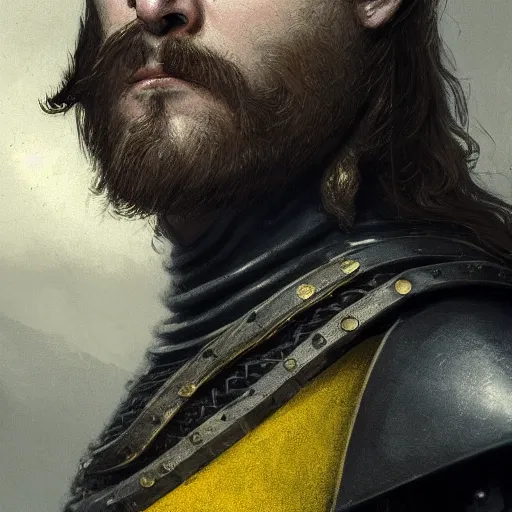 Prompt: Closeup of frustrated male medieval lieutenant with a {short} beard wearing a black!!!! and yellow tabard over a steel breastplate and a black gambeson looking up from a map on a table, intricate, dramatic lighting illustration by Greg Rutkowski, ArtStation, digital art, fantasy