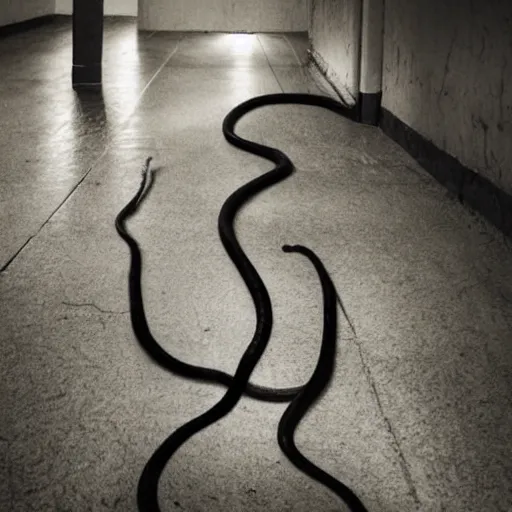 Image similar to a skinny and long snake creature lurking in a dark and wet basement, creepy atmosphere, realistic lighting