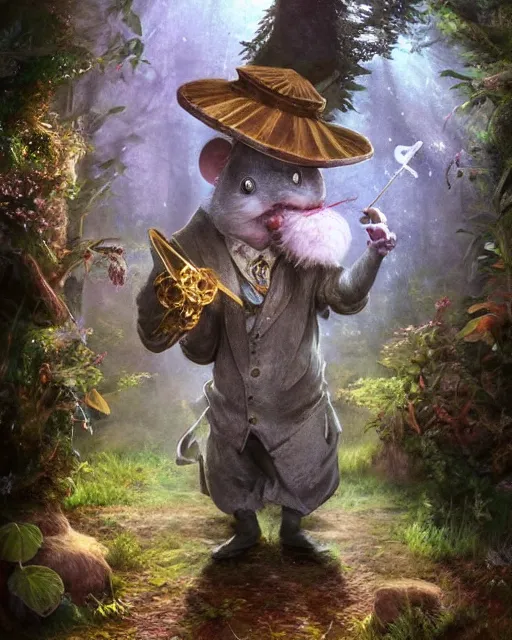 Image similar to Mouse playing Trumpet in magical forest, portrait, wearing hat, magical notes, fairy atmosphere, magic the gathering artwork, D&D, fantasy, cinematic lighting, centered, symmetrical, highly detailed, digital painting, artstation, concept art, smooth, sharp focus, illustration, volumetric lighting, epic Composition, 8k, art by Akihiko Yoshida and Greg Rutkowski and Craig Mullins, oil painting, cgsociety