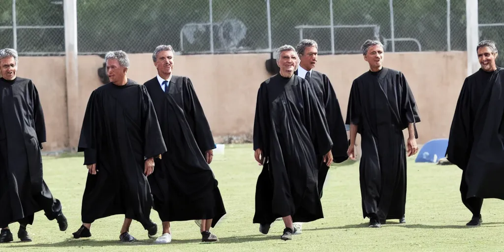 Image similar to Mauricio Macri and judges in black robes playing football