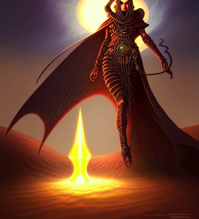 Image similar to a defiler wizard upon the dunes, the dark sun of athas,'dark sun'- campaign setting, brom's dark sun art on a 7 0's style fantasy novel cover, amazingly detailed d & d art, concept art, intricate details, beautiful, volumetric lighting, cgsociety, artstation